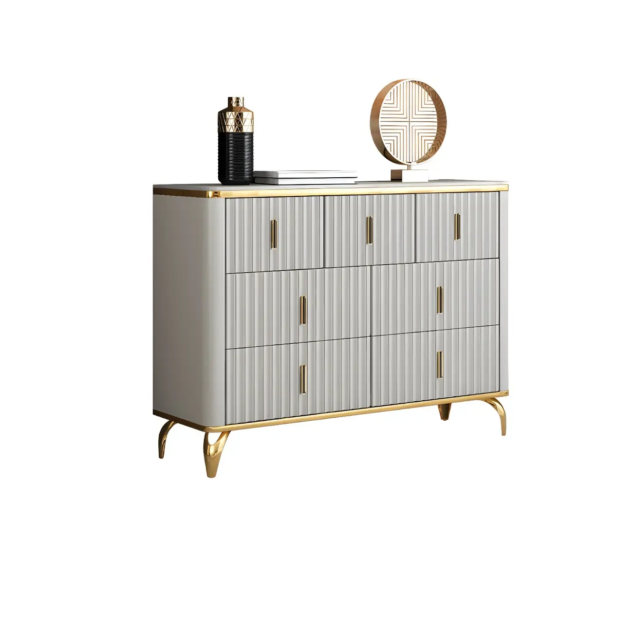 Elegant Gray Wooden Dressers & Chests with Gold Handles