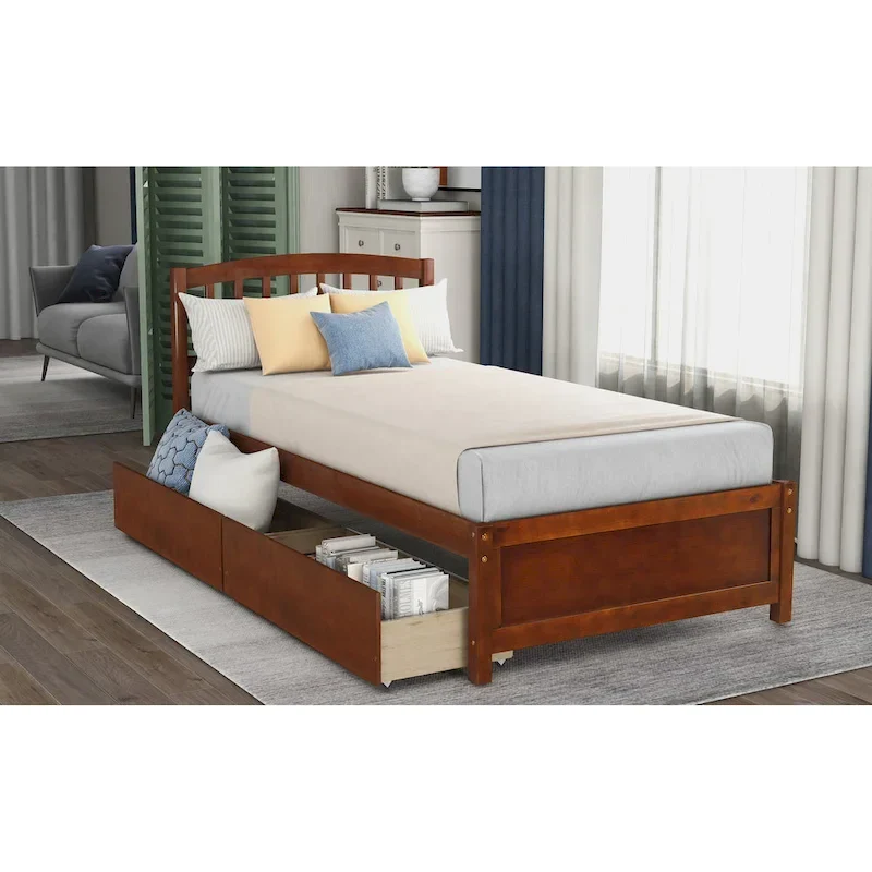Nestfair Twin Size Wood Platform Bed with Two Drawers and Headboard