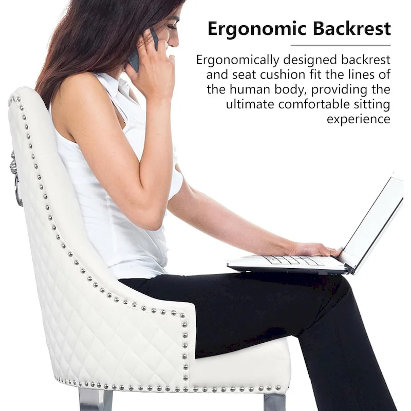 Velvet Dining Chairs Set of 2, Upholstered Tufted Nailhead Dining Room Chairs with Stainless Steel Legs & Lion Head Pull Ring