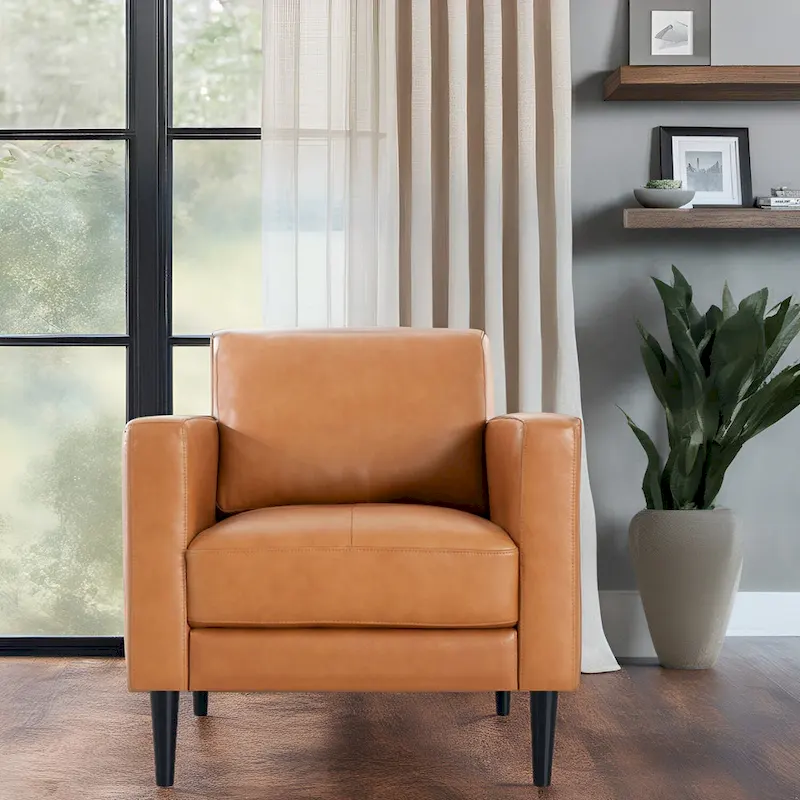 Genuine Leather Accent Chair, Black/Tan, Mid-Century Modern, High-Density Cushion, Seats 1