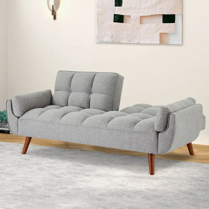 Convertible Futon Sofa Bed, Tufted Linen, Wood Legs, 3-Position Backrest, 500 lbs, Seats 2, Beige/Grey/Green/Yellow
