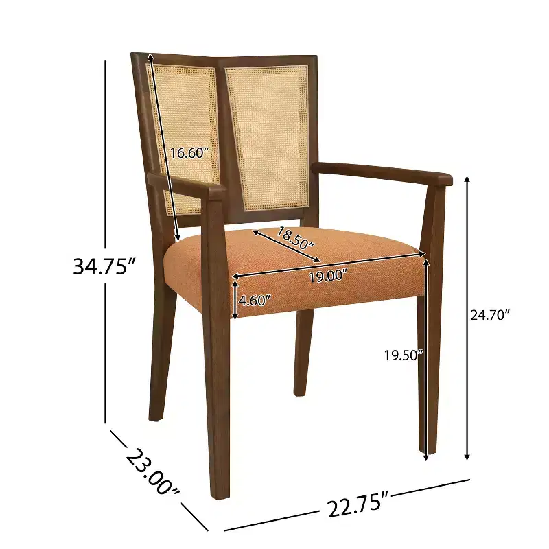 Beige/Dark Brown Upholstered Dining Arm Chairs with Rattan Back, Set of 2