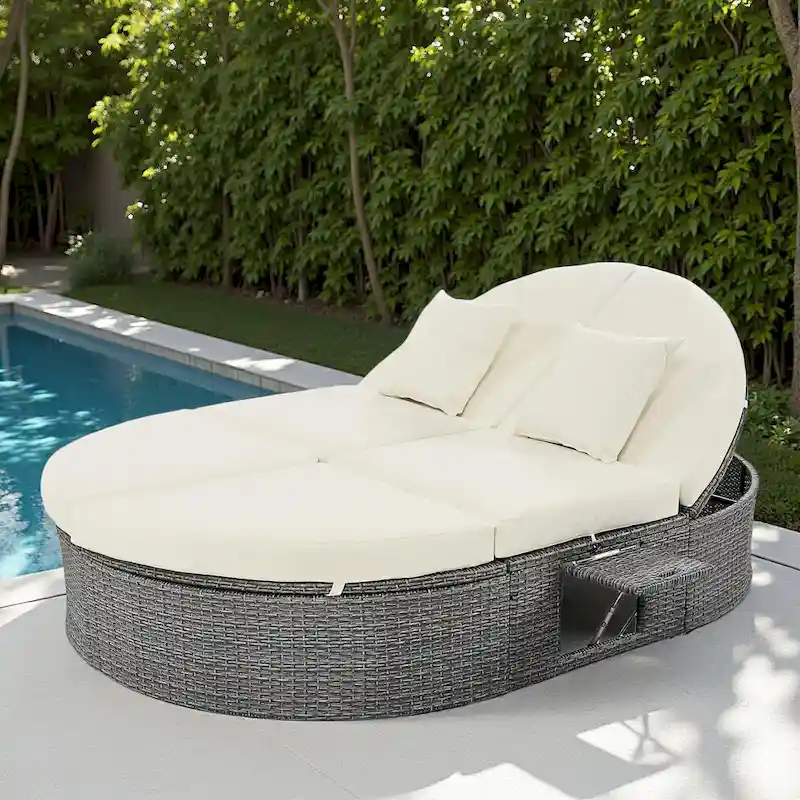 Outdoor Patio Rattan Round Daybed Sunbed with Adjustable Backrests and Foldable Cup Trays
