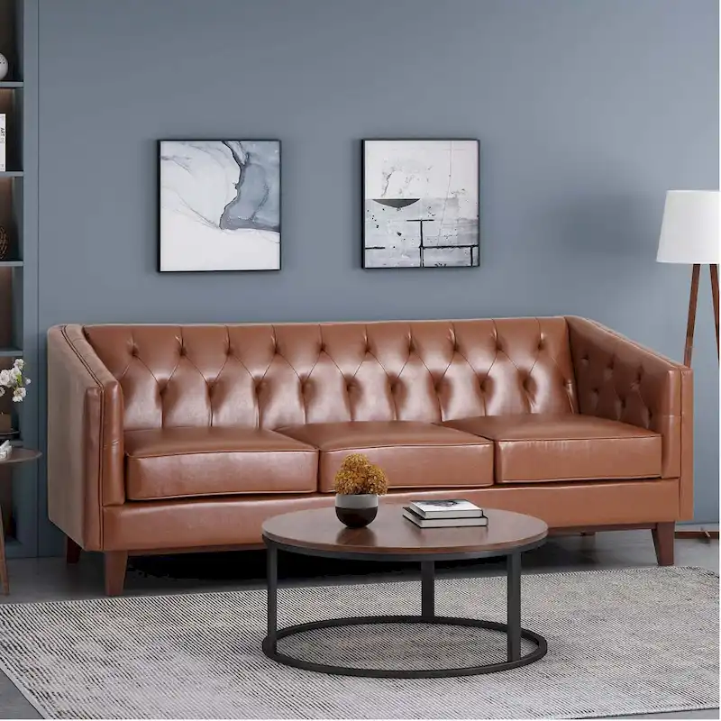 Light Brown Modern 81 Faux Leather Button Tufted 3-seater Sofa with Wood Legs for Living Room