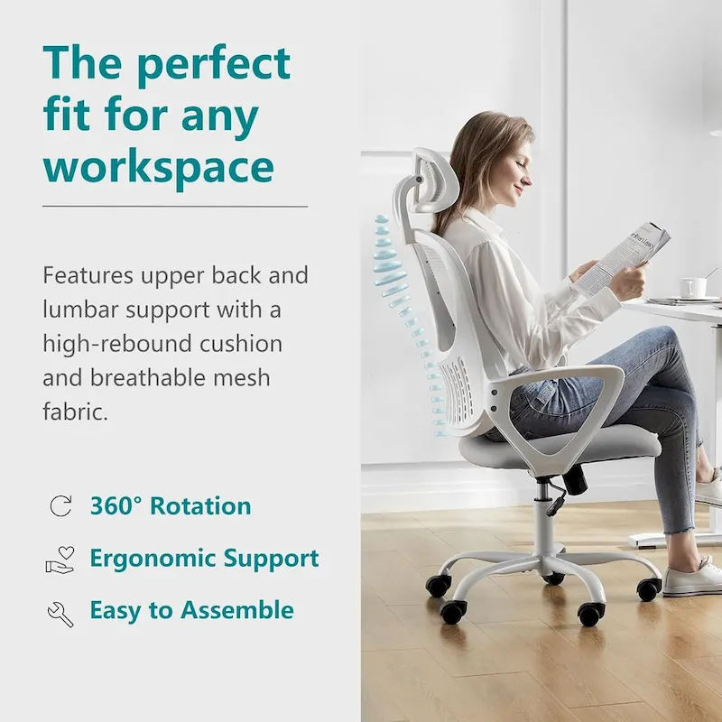 Ergonomic Office Chair, Comfy Computer Desk Chair Mesh High Back with Fixed Arms and Adjustable Headrest, Swivel Rolling Chair