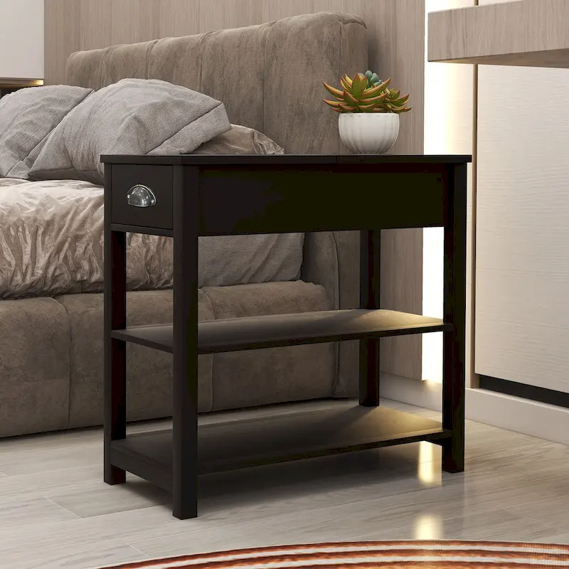 Narrow Flip Top Side Table with Drawer End Table with 2-Tiers Open Storage Shelves Sofa Table for Living Room,Bedroom
