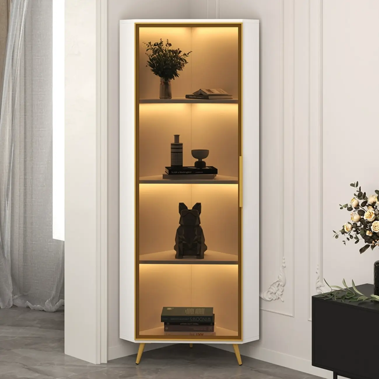 Modern Glam White-Gold Wood Glass Display Cabinet