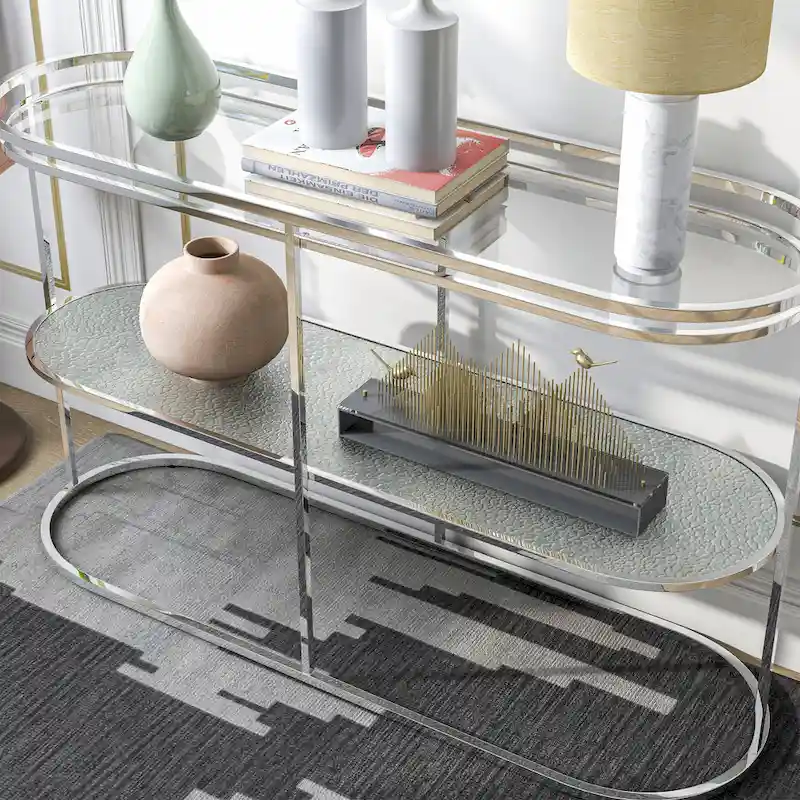 Taylaa Glam Chrome 48-inch Glass Top 1-Shelf Sofa Table by