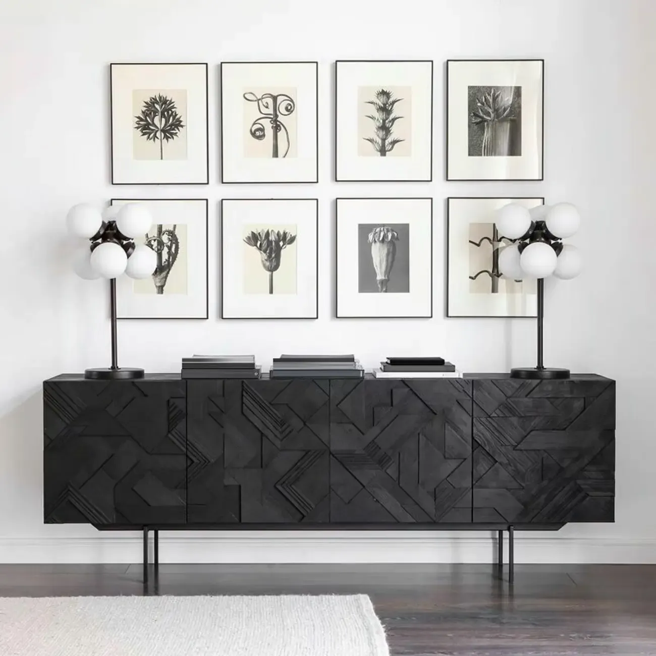 Modern Black Geometric Wooden Buffet Table with Cabinets