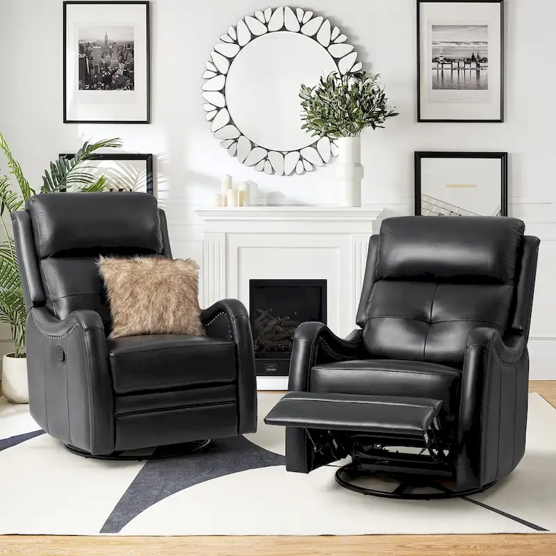 FrancoModern Genuine Leather Swivel Rocker Recliner with Nailhead Trims Sets of 2 by HULALA HOME