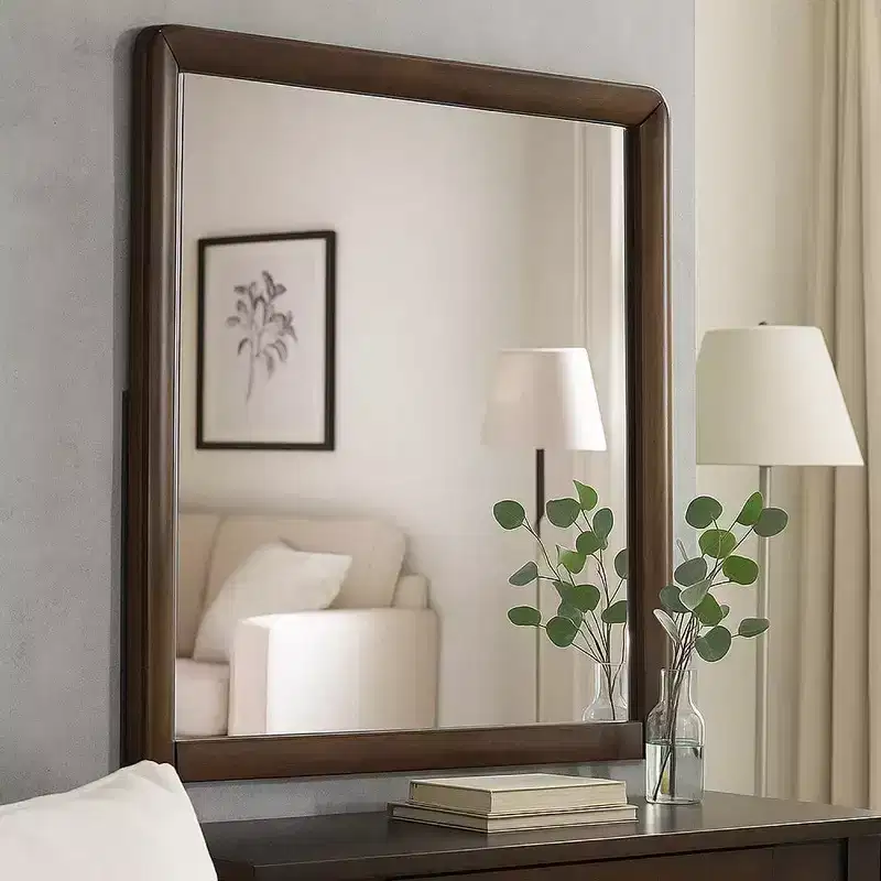 Royal Hampton Dresser Mirror, 32 Inch Rectangular Frame, Round Edges, Brown Wood