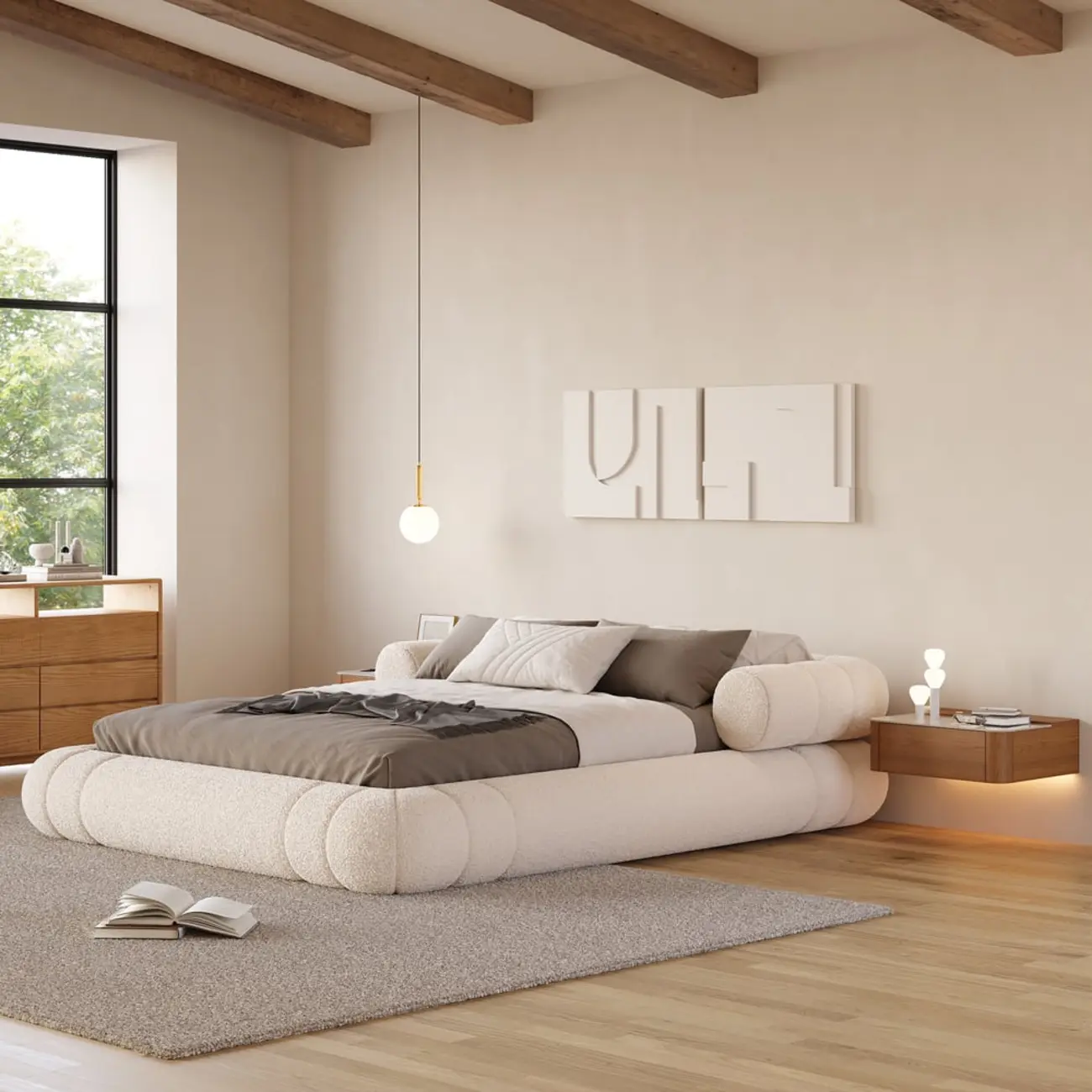 Wireless Cherry Wood Floating Nightstand with Drawers & Light