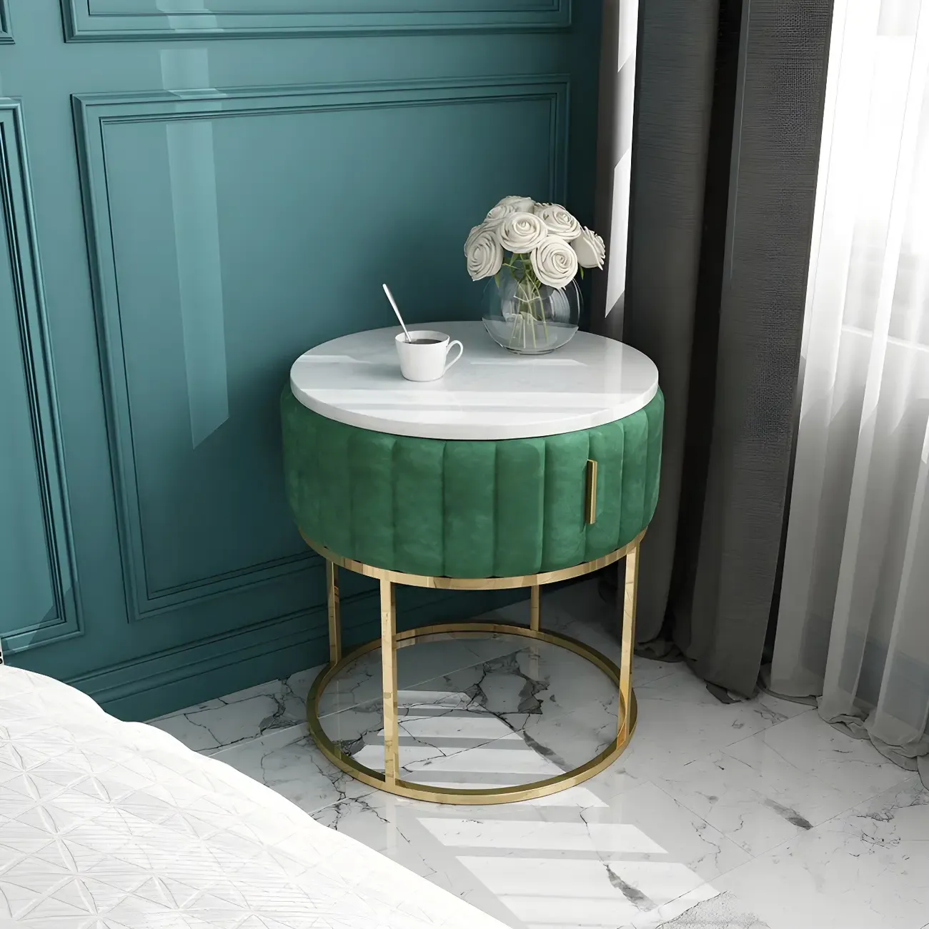 Glam Genuine Marble Nightstand with Drawers & Metal Base