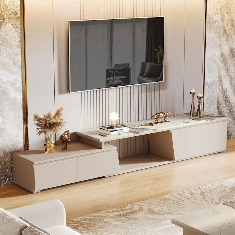 70.9 W - 105 W Extendable TV Stand, Extra Long Modern Entertainment Center with 3 Drawers