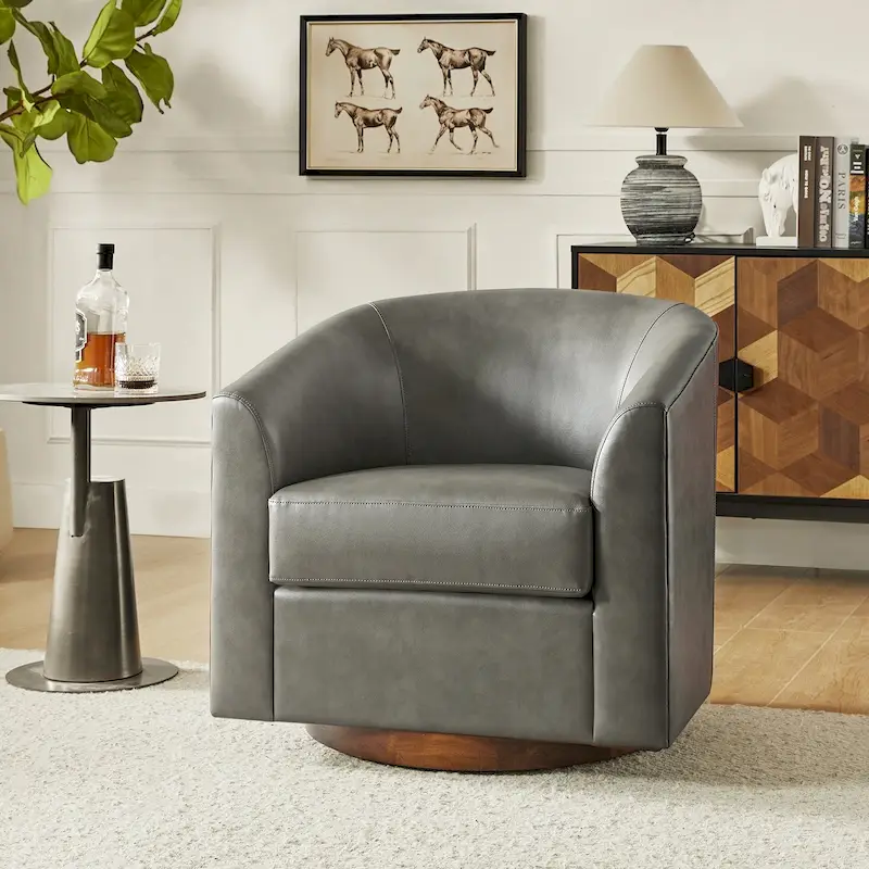 Haley Modern Swivel Barrel Faux Leather Chair with Solid Wood Base by HULALA HOME