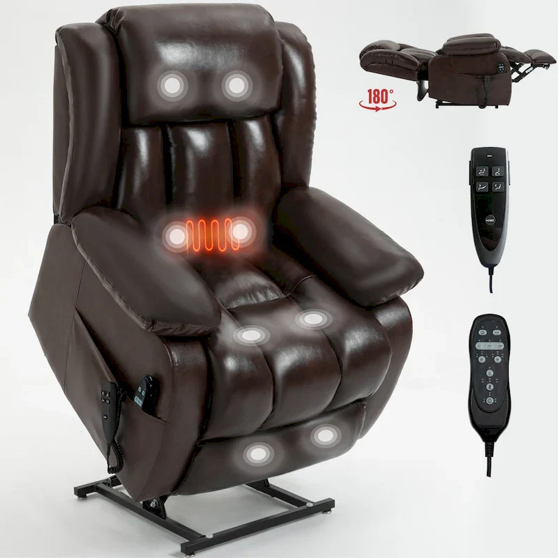 Medium-Sized Electric Power Lift Recliner Chair in Genuine Leather with Dual Motors, 8-Point Massage, Lumbar Heating