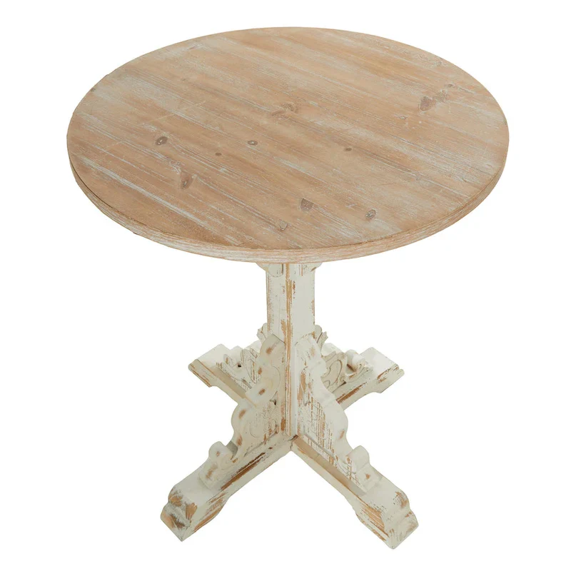 Wood Scroll Intricately Carved Accent End Table, Rustic Brown Gray Cream Side Table