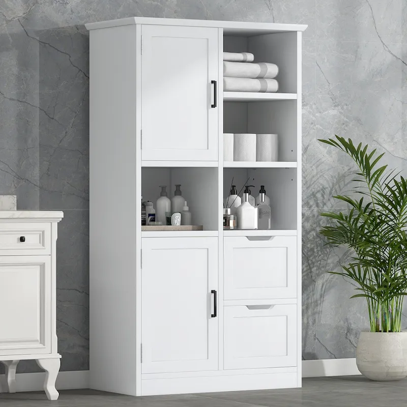Bathroom Storage Cabinet with 2 Doors, 2 Drawers, Open Shelve & Adjustable Shelf