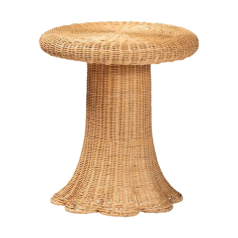 Round Rattan Side Table with Scalloped Pedestal Base