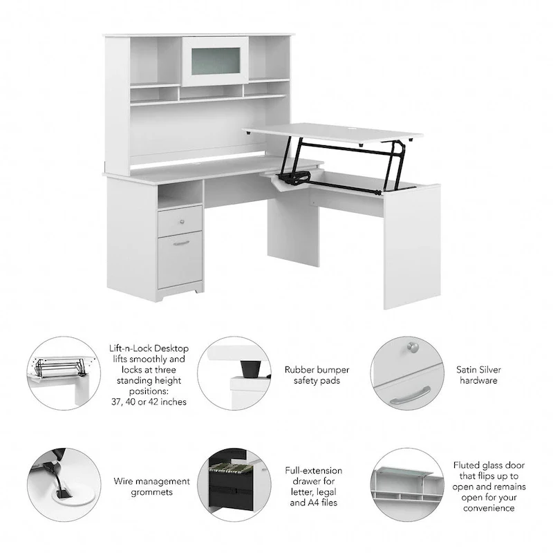 60W 3-position L-shaped Sit to Stand Desk with Hutch by