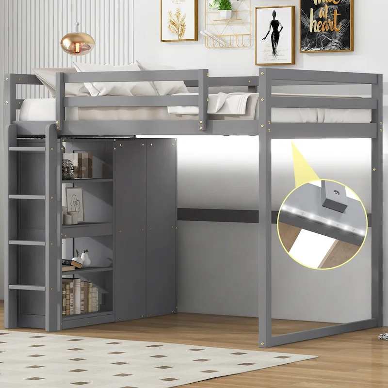 Modern Full Size Loft Bed with Built-in Wardrobe and Storage Shelves