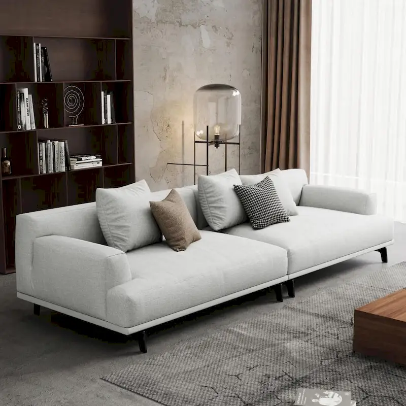 Square Arm Fabric Straight Sofa in Beige