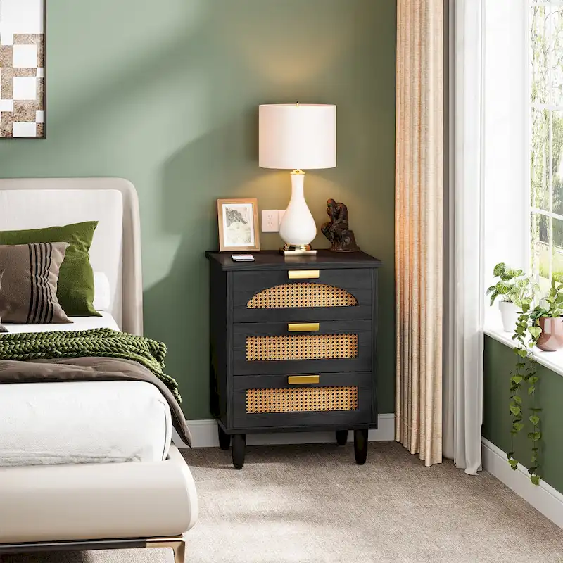 Green Wood Nightstand with Rattan Accents - 3 Drawer (20