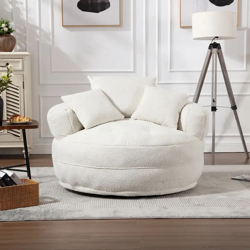 Boucle Upholstered Tufted Barrel Accent Living Room Chair With Toss Pillows