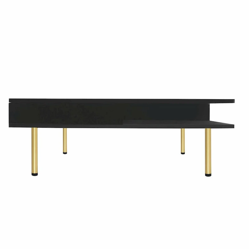 High Gloss Coffee Table: 4 Golden Legs, 2 Drawers, 2-Tier Square Design