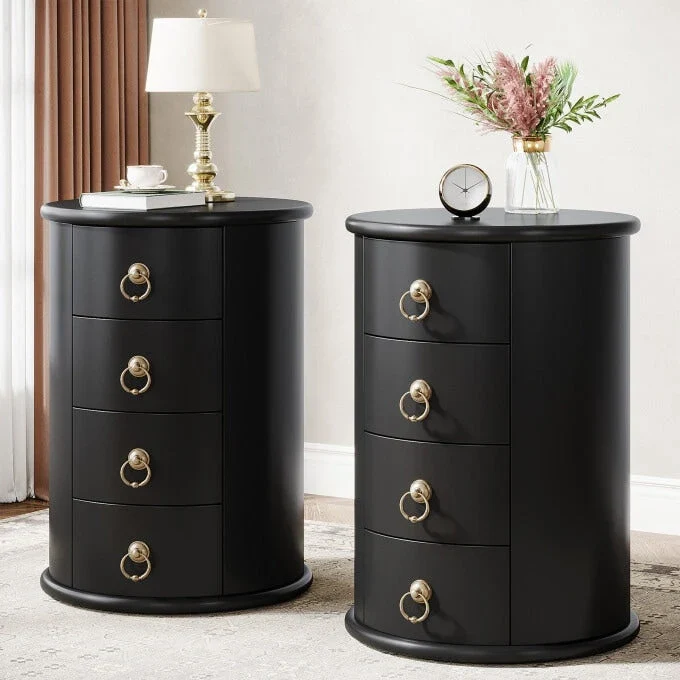 No Assembly Round Solid Wood End Table, Small Side Table with Drawers