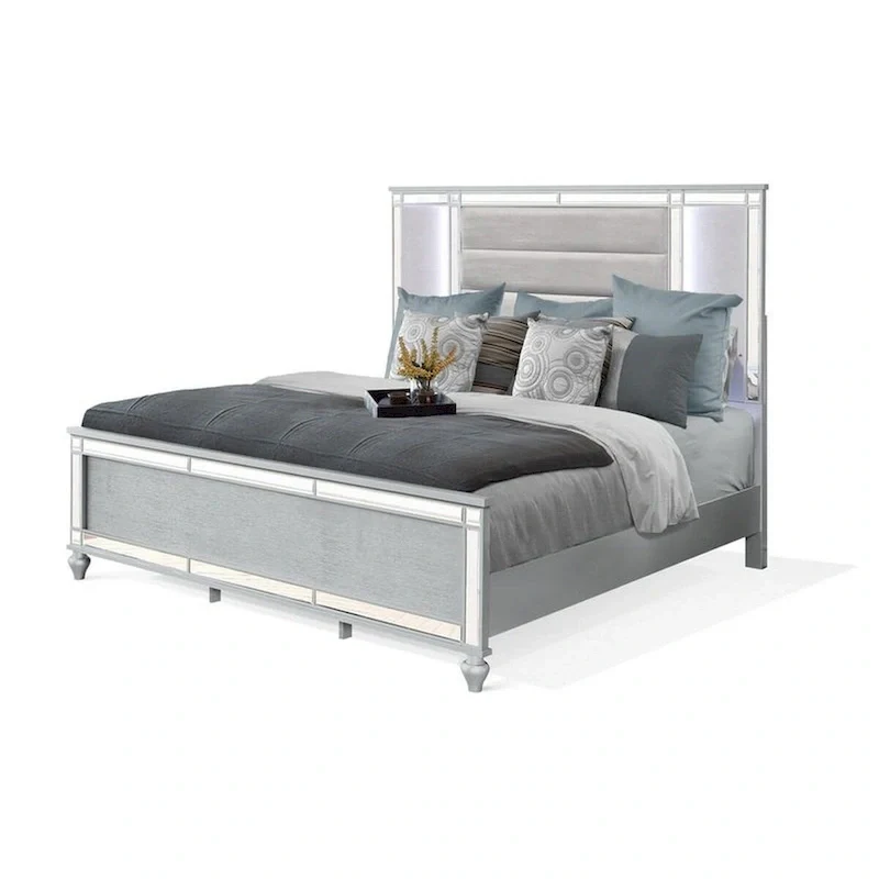 Lio Modern King Size Bed, LED, Mirror Trim, Silver Velvet Tufted Upholstery