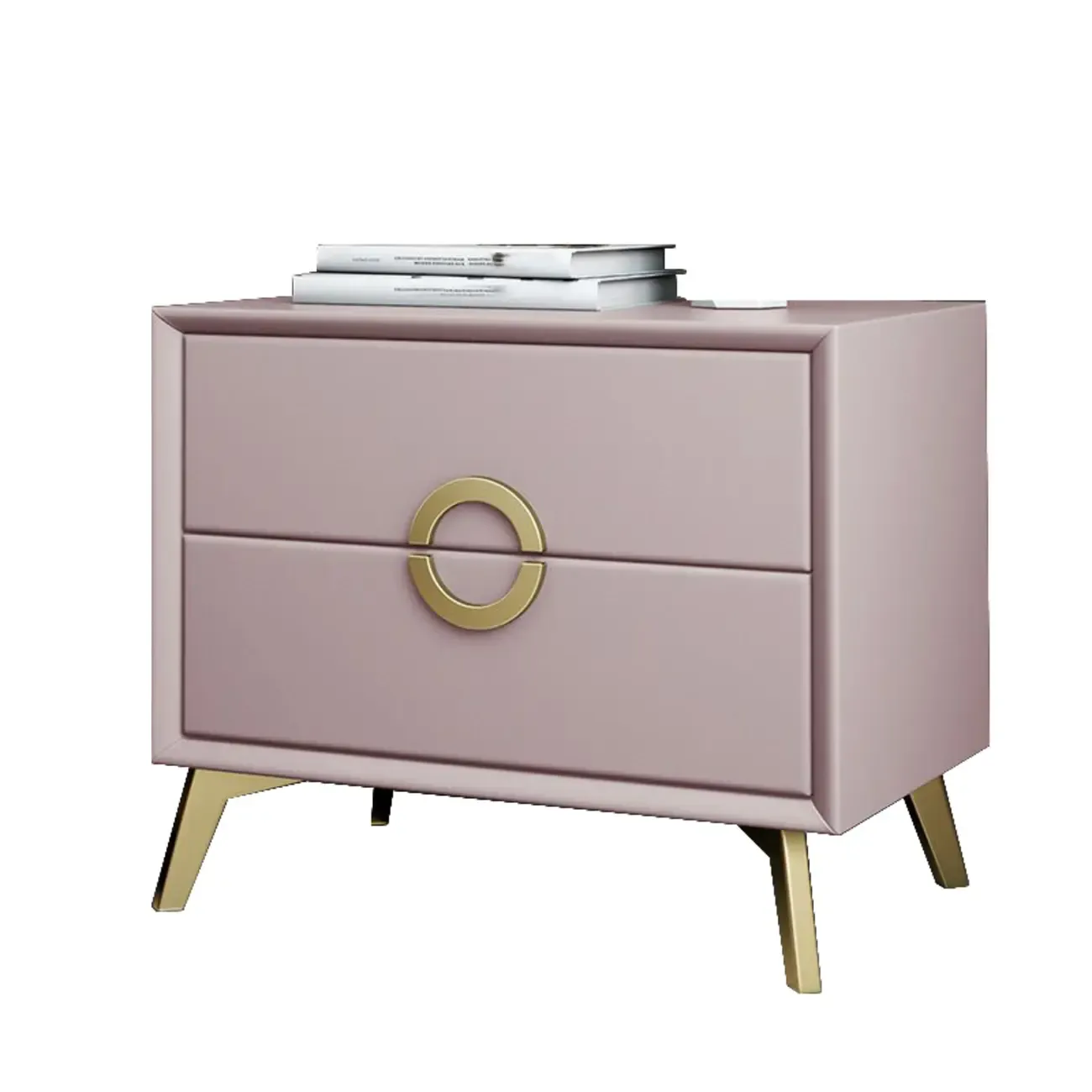 Chic Khaki Leather Gold Accents 2-Drawer Nightstand