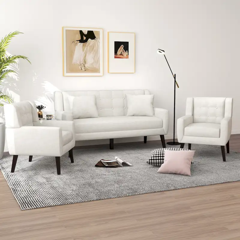 Tufted Linen/Cotton Loveseat with 2 Accent Chairs