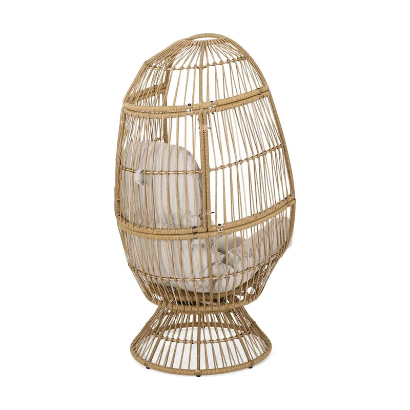 Oaks Aura Abstract Mesh Design Wicker Chair, Handcrafted Woven Rattan Swivel Egg Shape Chair, Basket Shape Chair With Cushion