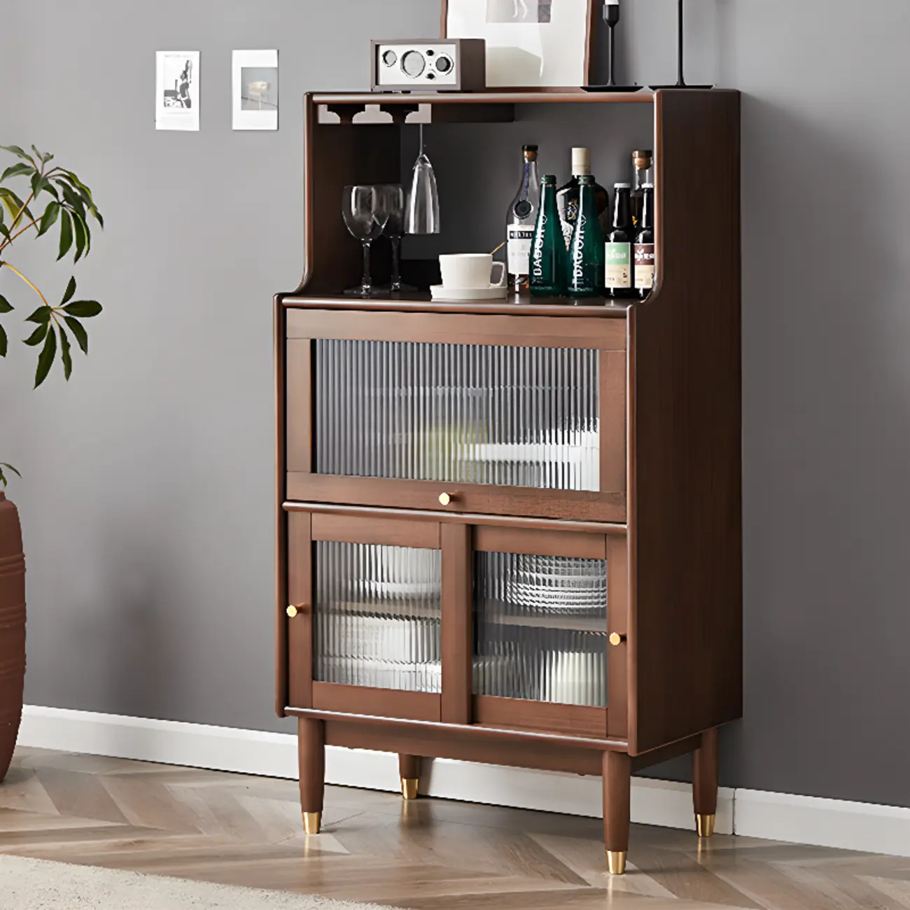 Nut-Brown Wooden 2-Drawer Glass Door Buffet Cabinet