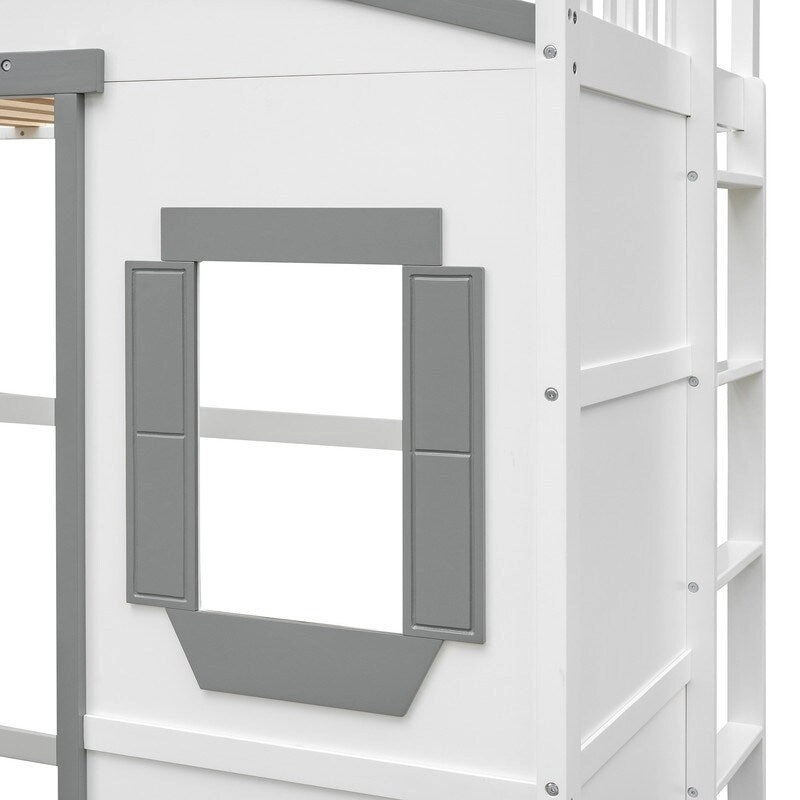 House Loft Bed Twin Kids Playhouse Bed, Solid Wood Loft Bed Frame with Window and Ladder