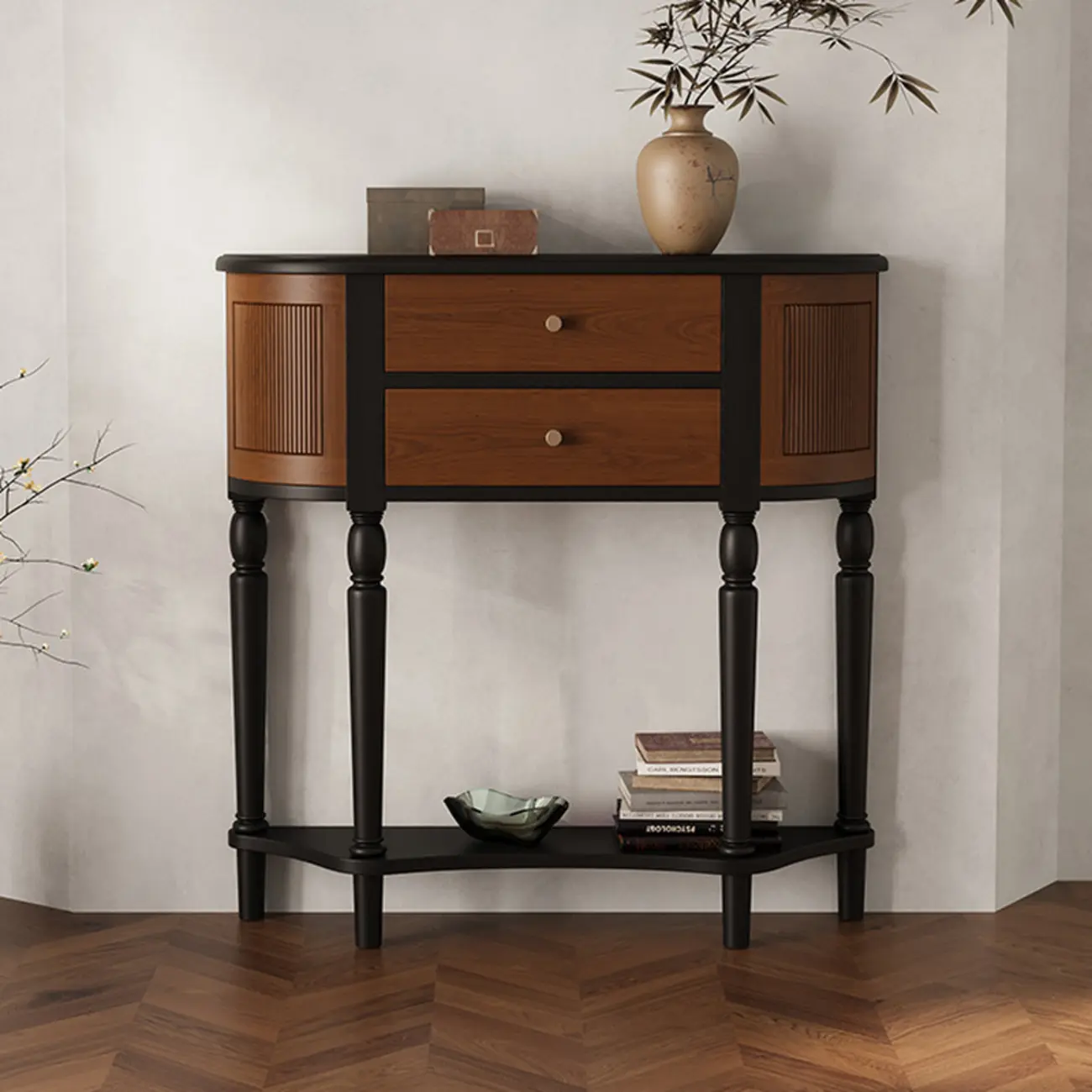 Natural Wood Live Edge Entrance Table with 2 Cabinets and 3 Shelves