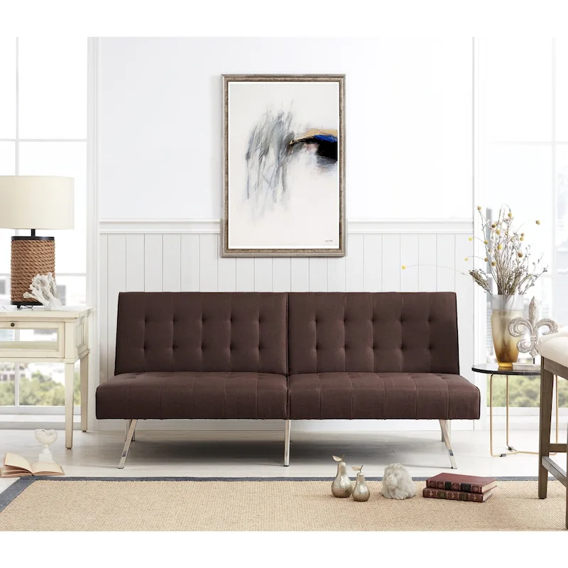Tufted Mid-Century Modern Split Back Futon Sofa Couch Bed with Chrome Legs