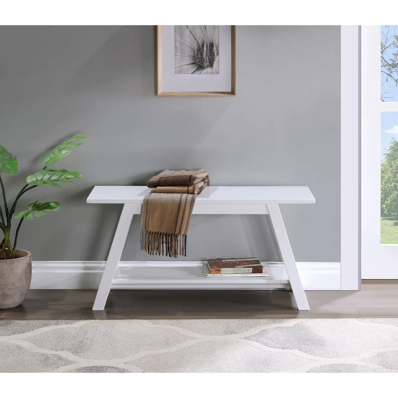 Roundhill Furniture Elyz Solid Wood Bench with Shelf, White