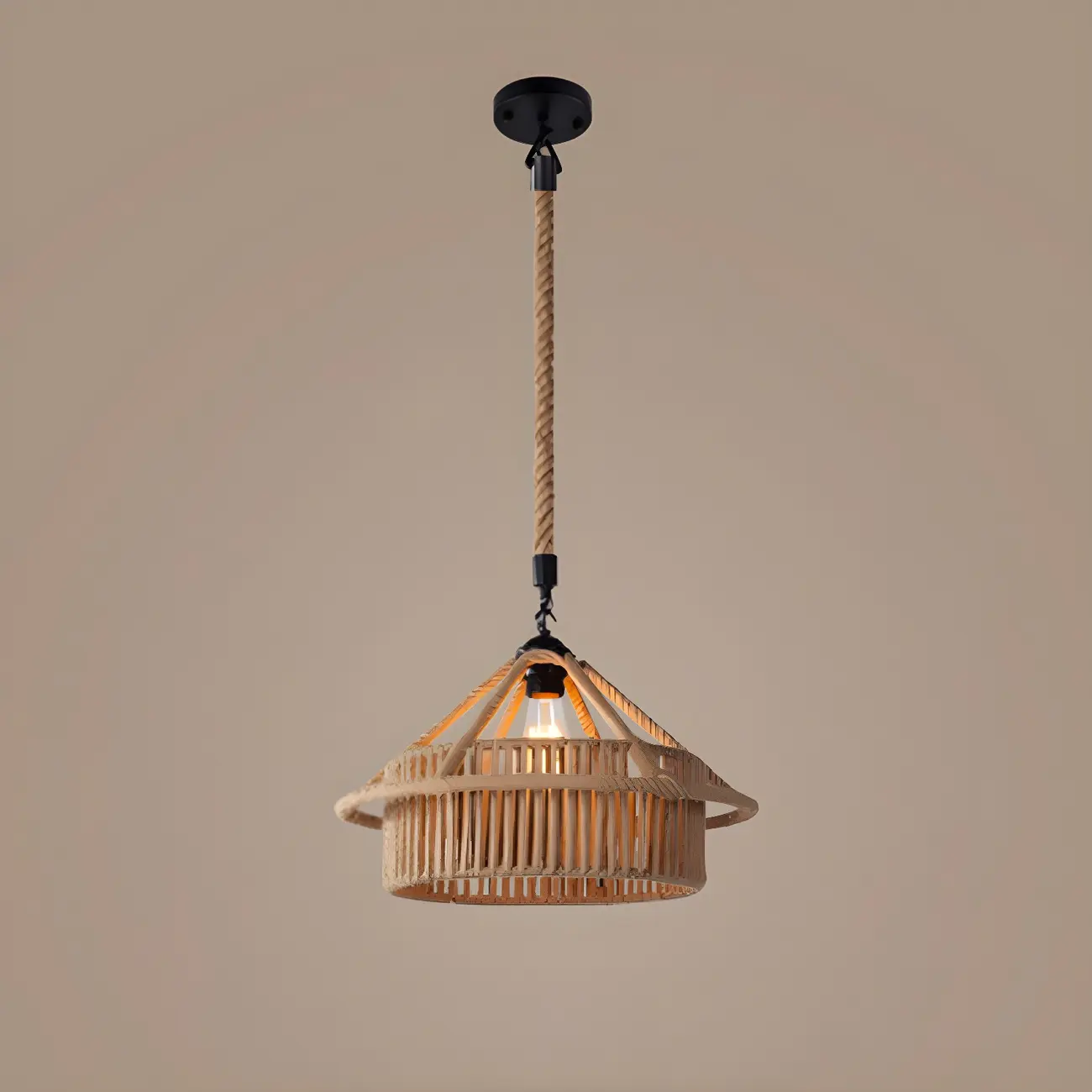 Industrial Rattan Black Metal Hemp Rope Pendant Light