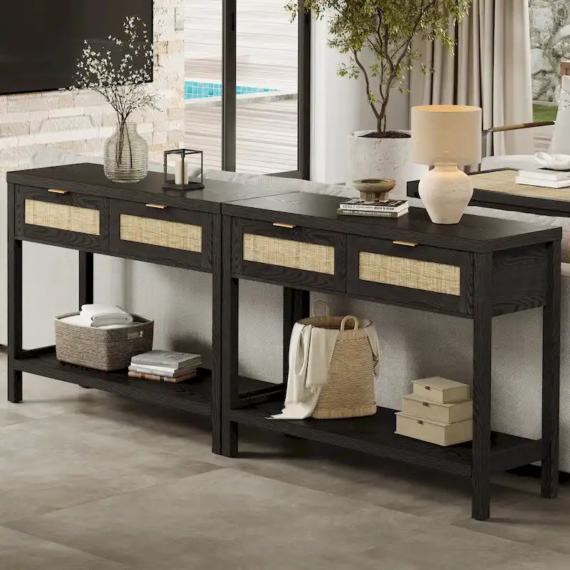 SICOTAS Rattan Console Table with 2 Drawers and Shelves - 30 x 39.4 x 13.8