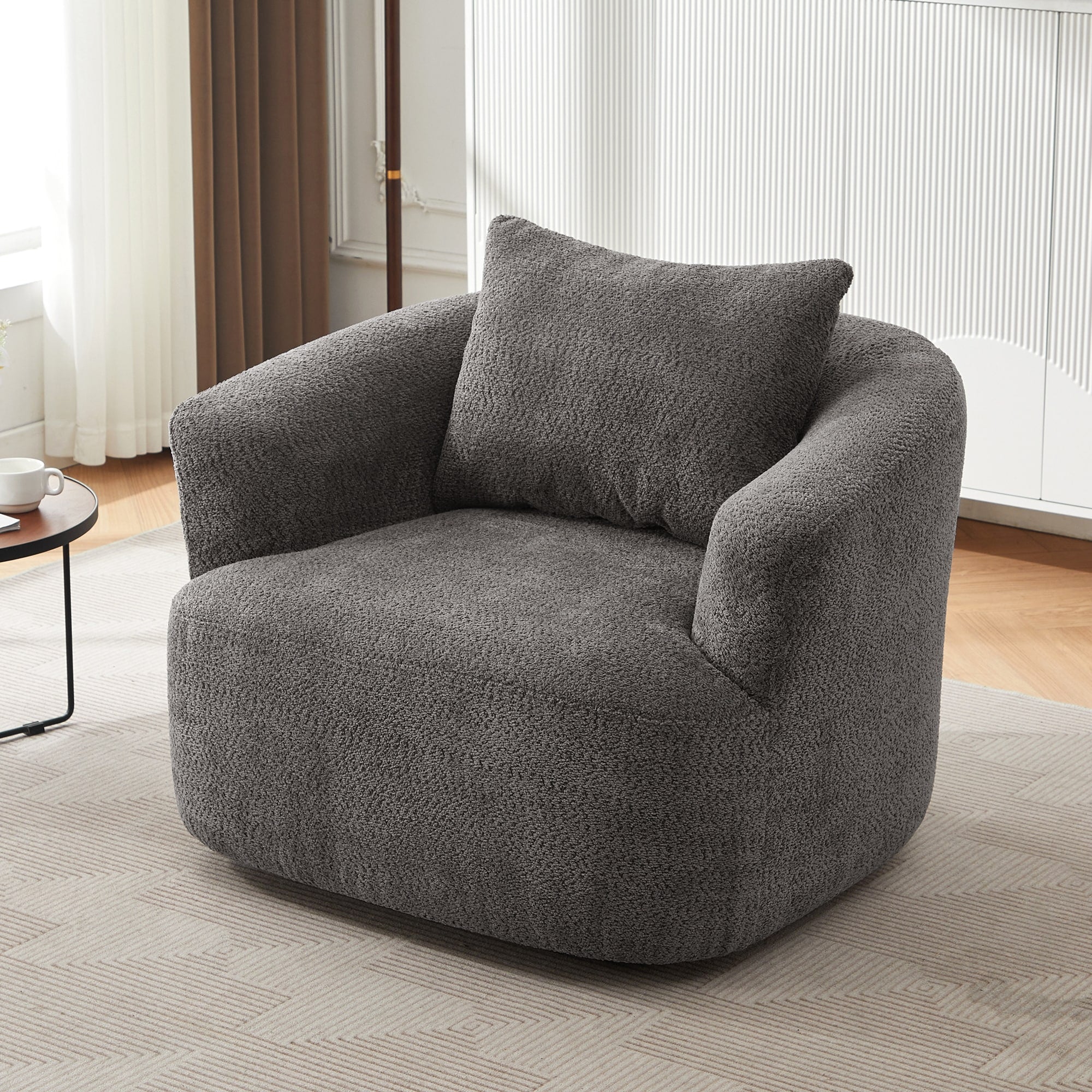 360° Swivel Chair, 38.2 Boucle Accent Chair with Throw Pillow, Upholstered Barrel Sofa Chair with Curved Armrests