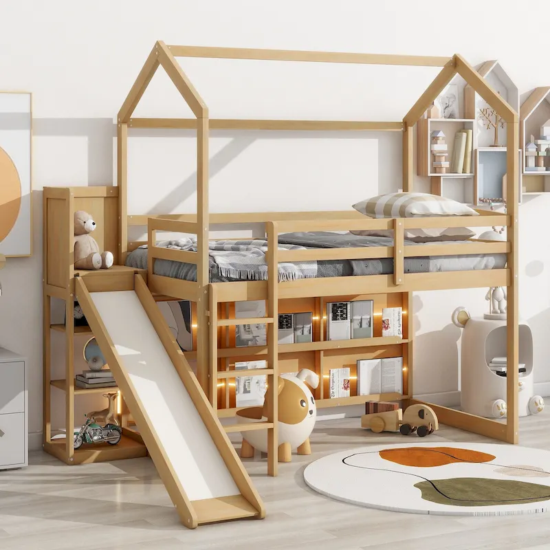 Wood Twin Wood House Loft Bed with Slide
