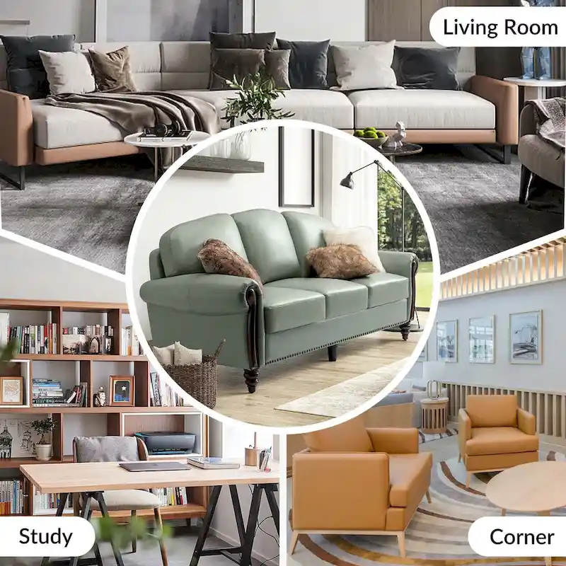 84 Traditional Genuine Leather Sofa with Carved Wood Legs