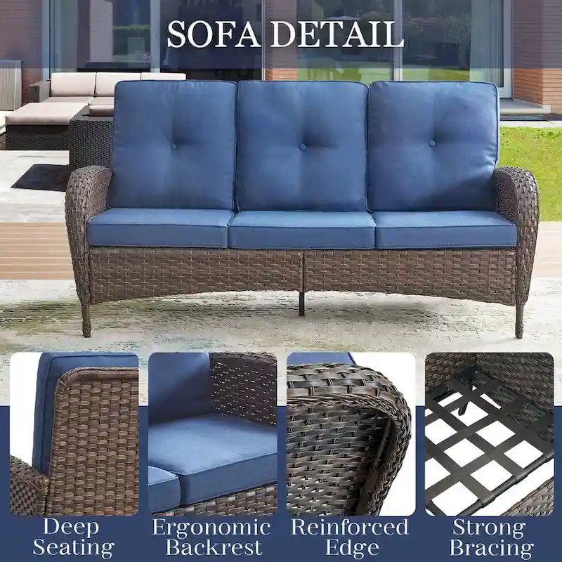 Patio Sofa 3 Seat Sofa Deep Seating - Brown
