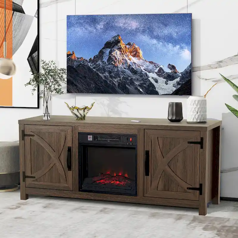 58-inch Farmhouse Electric Fireplace TV Stands Console Table with Electric Fireplace