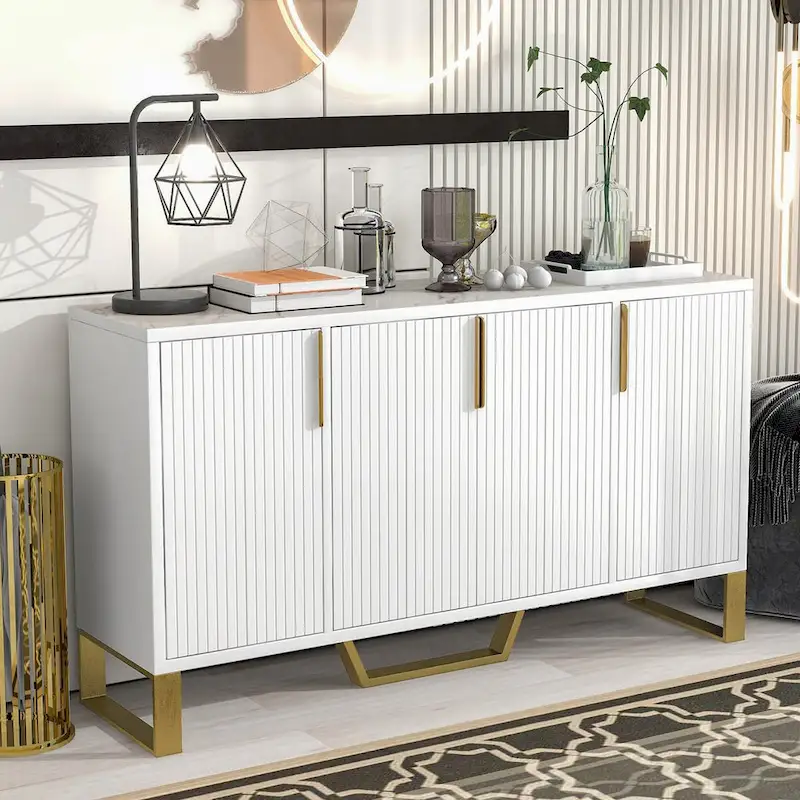 Modern sideboard with Four Doors, Metal handles & Legs and Adjustable Shelves Kitchen Cabinet