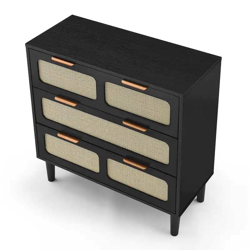 Modern Rattan Dresser Cabinet With Wide Drawers And Metal Handles
