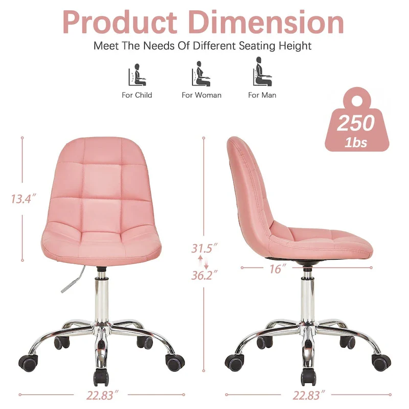 Armless Home Office Chair, Height Adjustable Computer Desk Chair with Wheels
