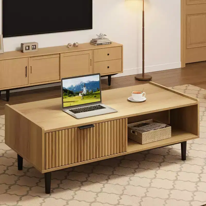 Beige Fluted Rectangle Coffee Table with 2 Drawers and Open Shelves, 4-Leg Design